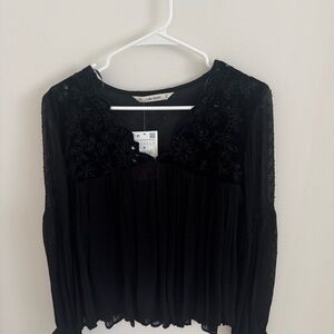 Zara Black Embroidered Sheer Yoke Long-Sleeve Blouse